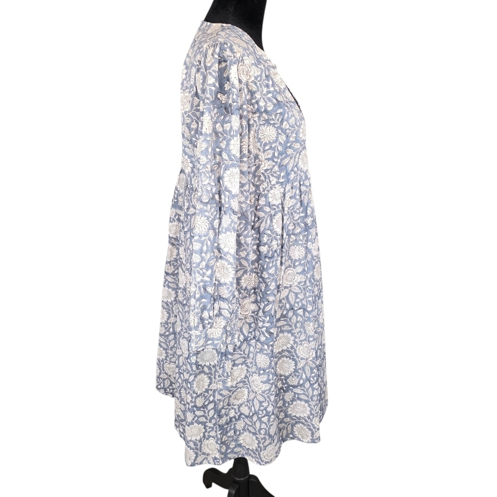 Beau & Ro Dusty Blue Floral Hand Block Print Cotton Boho Peasant Dress Small - Picture 7 of 11